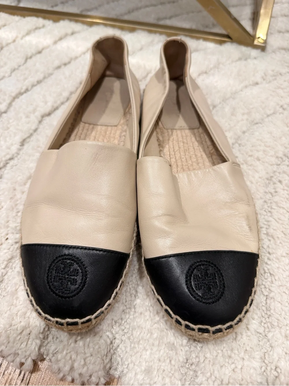 Tory Burch Colorblock Beige and Black Leather Espadrille Flats in sz. 8